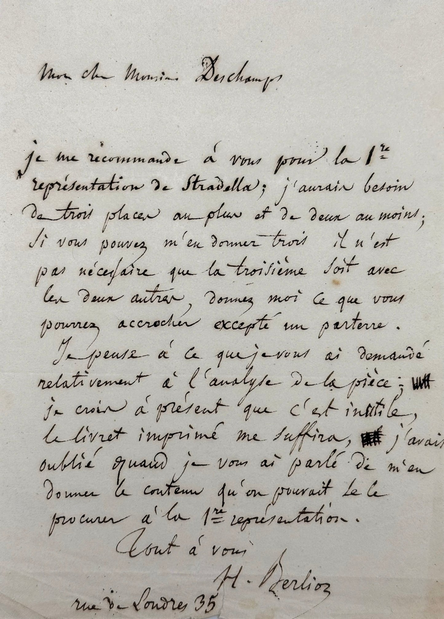 Autograph letter signed, Berlioz to Émile Deschamps