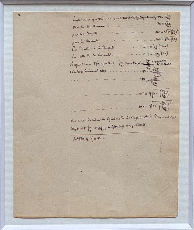 Feuillet 14 du manuscrit mathématique autographe de Joseph Fourier : calcul de la tangente, de la normale et de la sous-normale