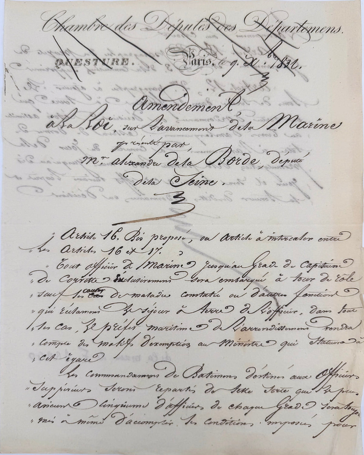 Amendement à la loi sur l'avancement de la marine, sur papier à en-tête de la Questure de la Chambre des députés, de la main de François Arago