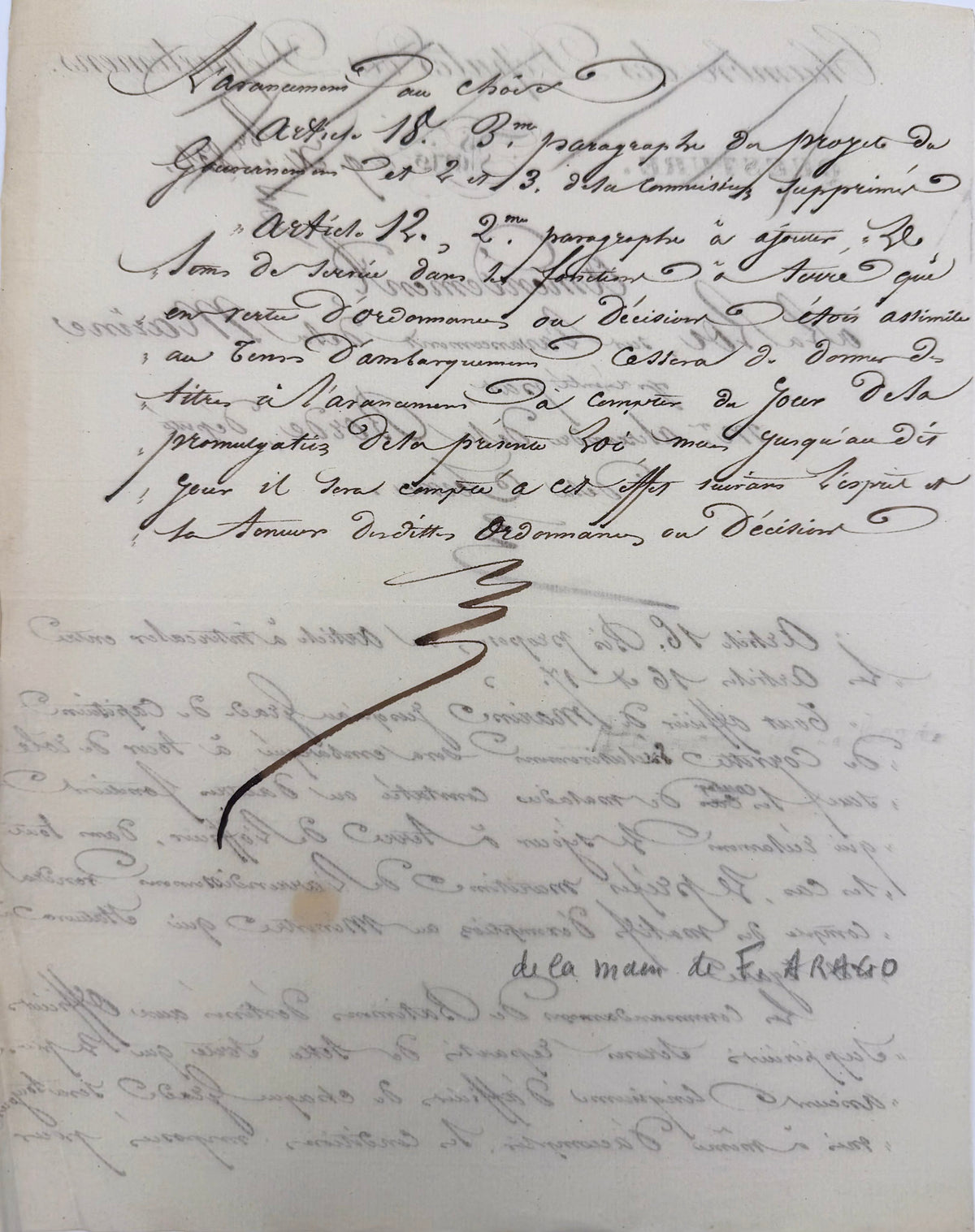 Verso de l'amendement sur l'avancement de la marine (articles 12 et 18) de la main de François Arago, avec la mention ancienne « de la main de F. Arago »