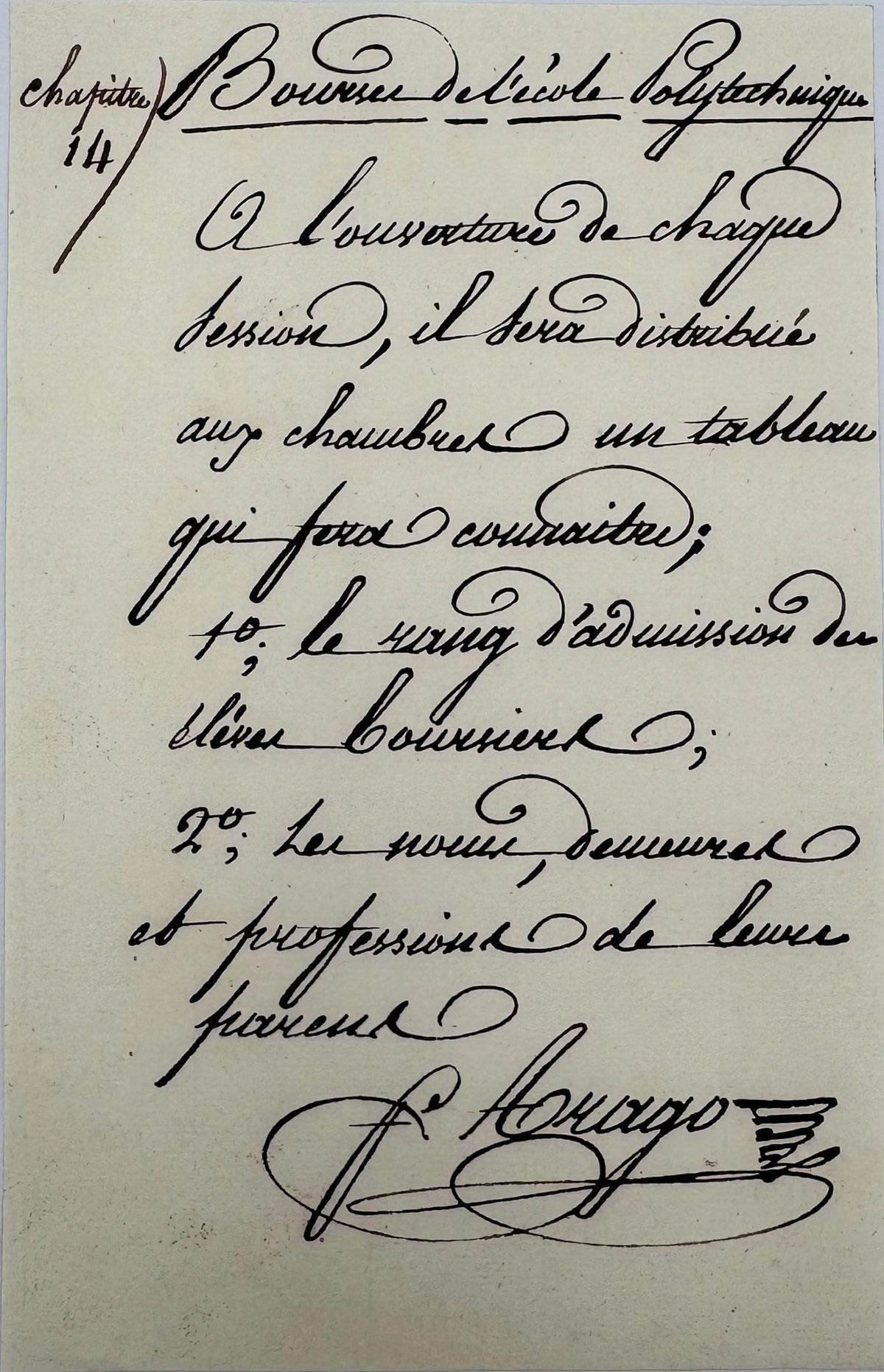 Note autographe signée de François Arago, chapitre 14 : bourses de l'École polytechnique, tableau du rang d'admission des élèves boursiers
