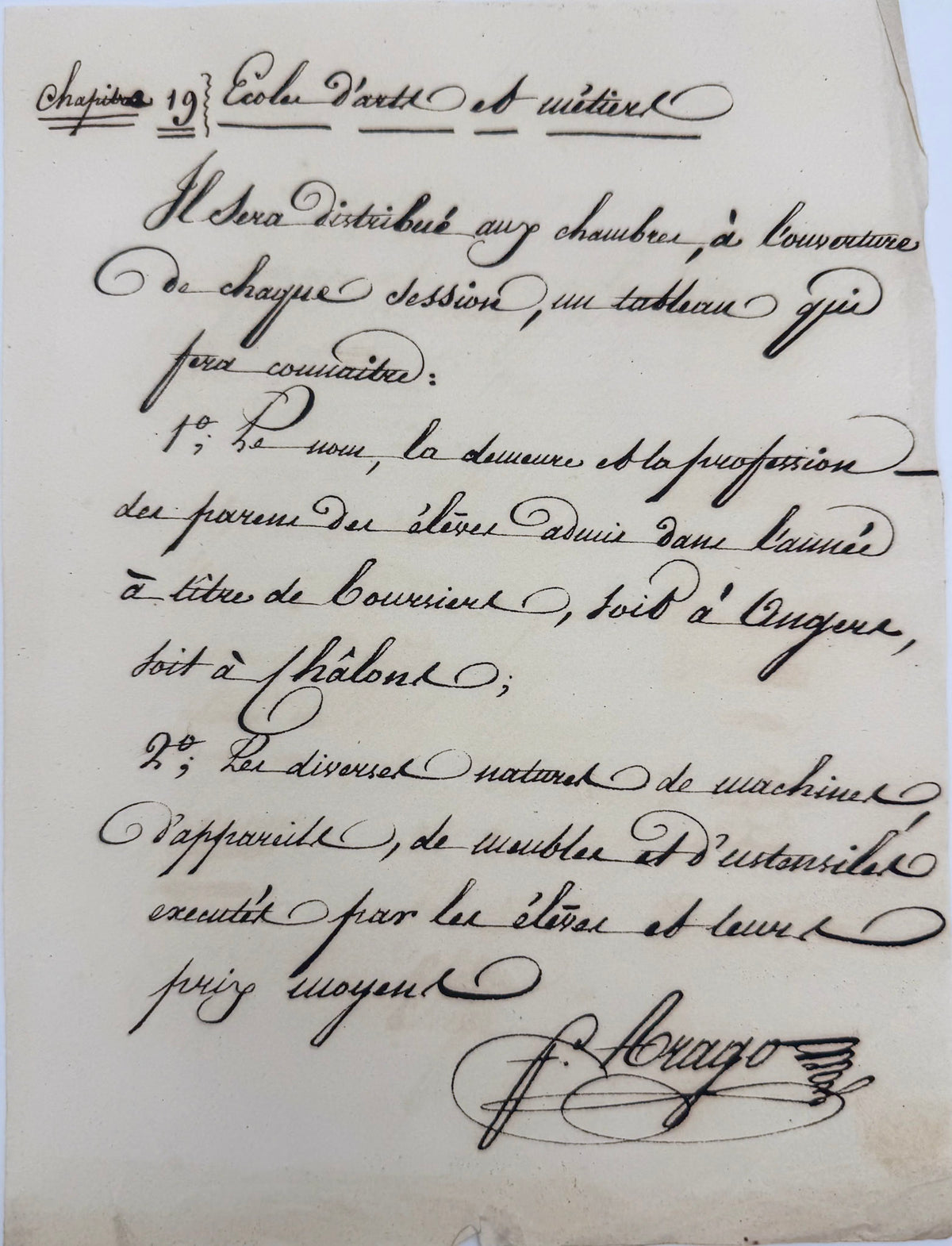 Note autographe signée de François Arago, chapitre 19 : élèves boursiers de l'École des arts et métiers d'Angers et de Châlons