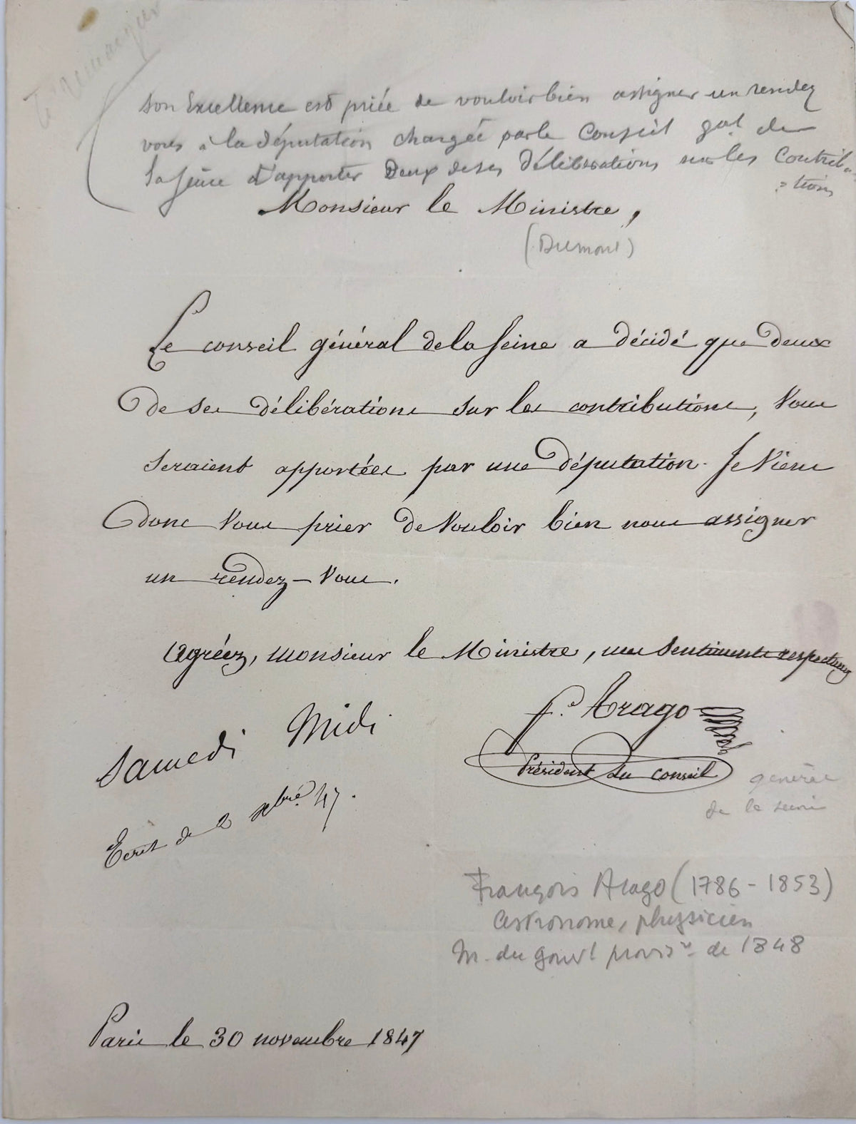 Lettre autographe signée de François Arago, président du Conseil général de la Seine, au ministre, Paris, 30 novembre 1847
