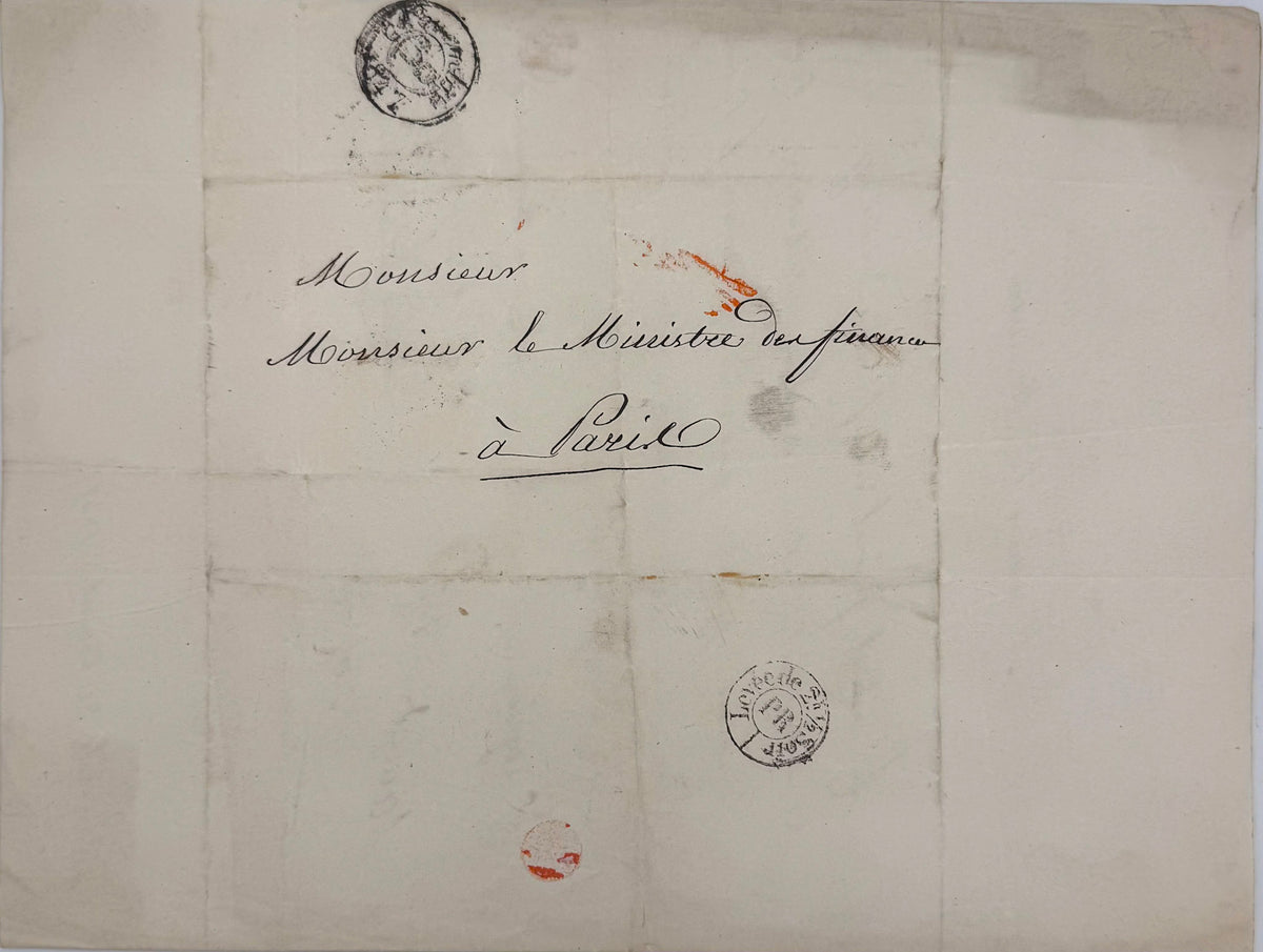 Adresse au ministre des Finances à Paris, avec cachets postaux, accompagnant la lettre de François Arago