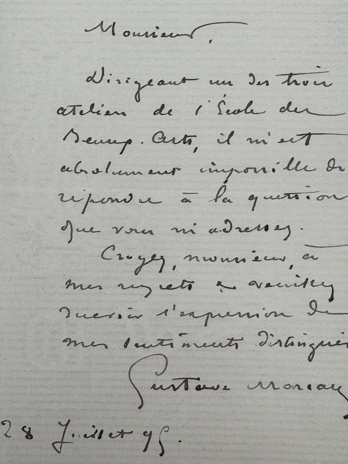Lettre autographe signée, Gustave Moreau à un Monsieur