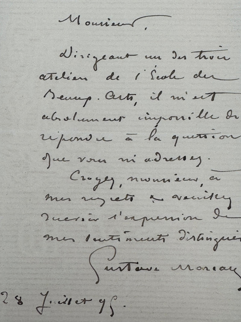 Lettre autographe signée, Gustave Moreau à un Monsieur