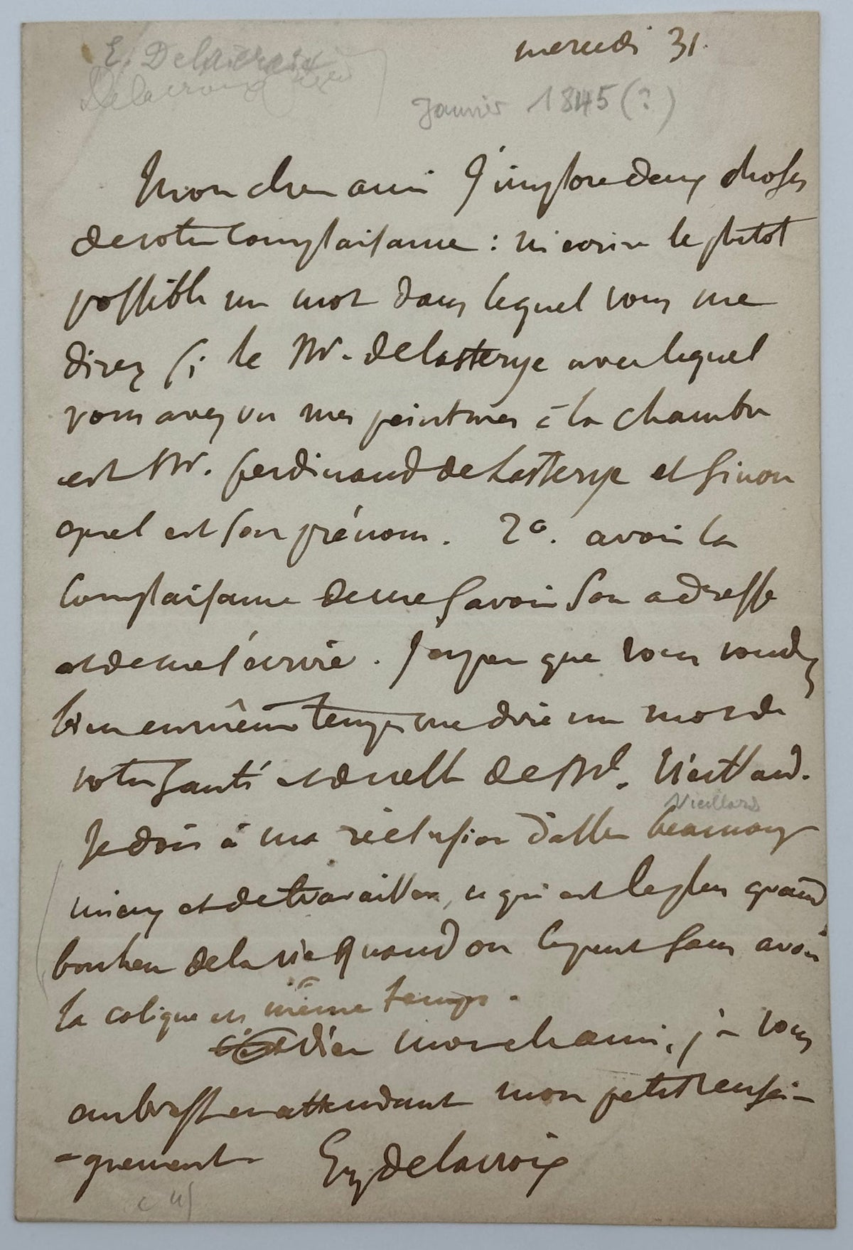 Autograph letter signed, Eugène Delacroix to Narcisse Vieillard