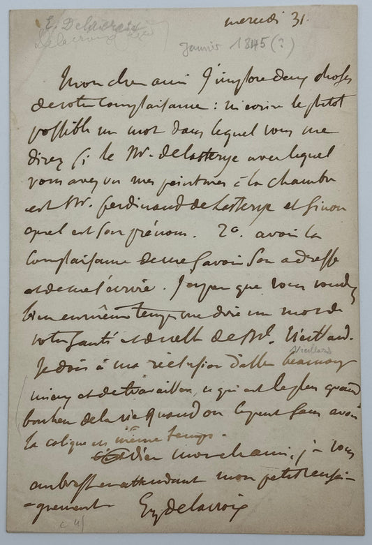 L.A.S. Eugène Delacroix à Narcisse Vieillard