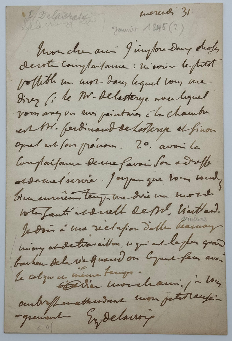 Lettre autographe signée, Eugène Delacroix à Narcisse Vieillard