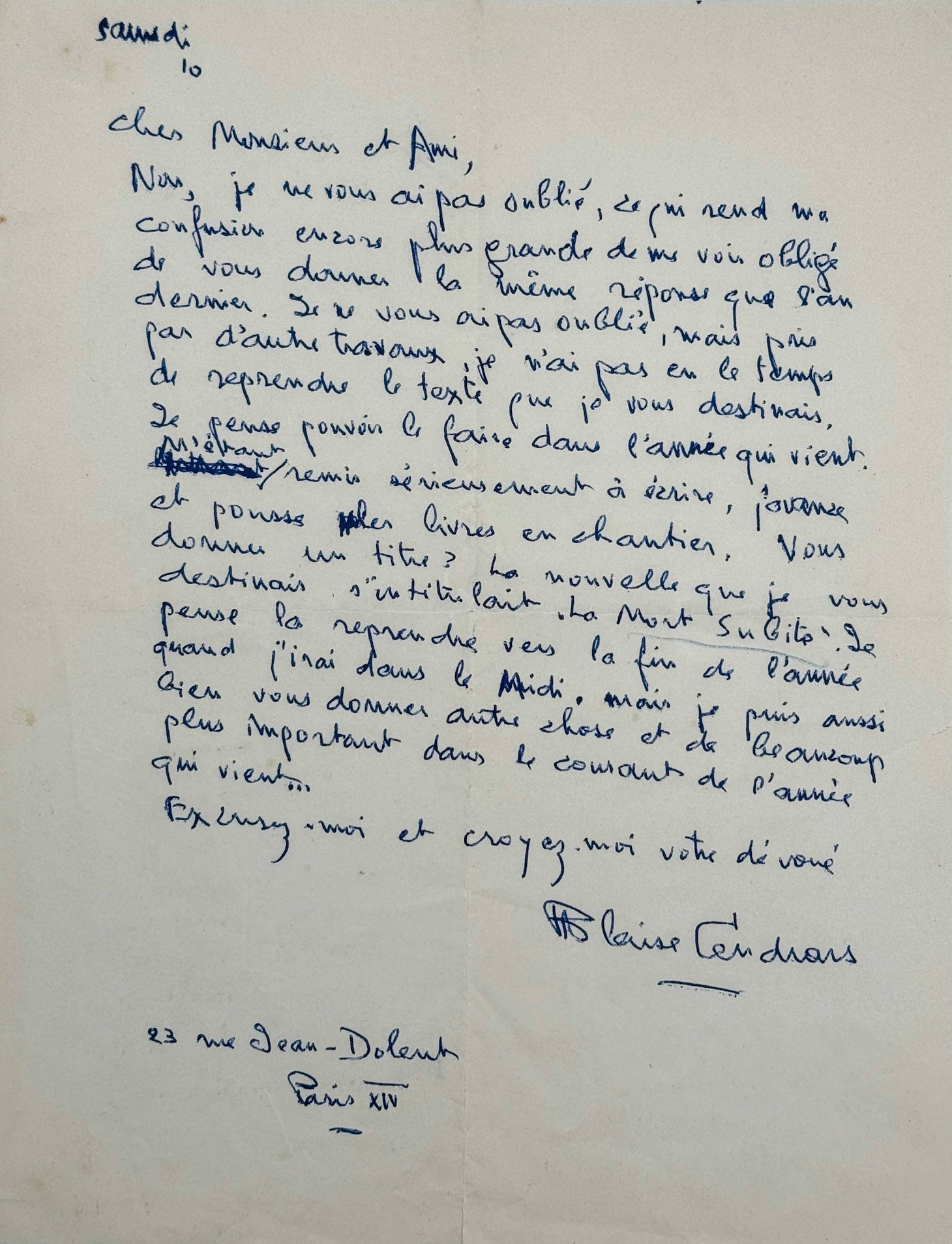 Lettre autographe signée, Blaise Cendrars à Roger Nimier