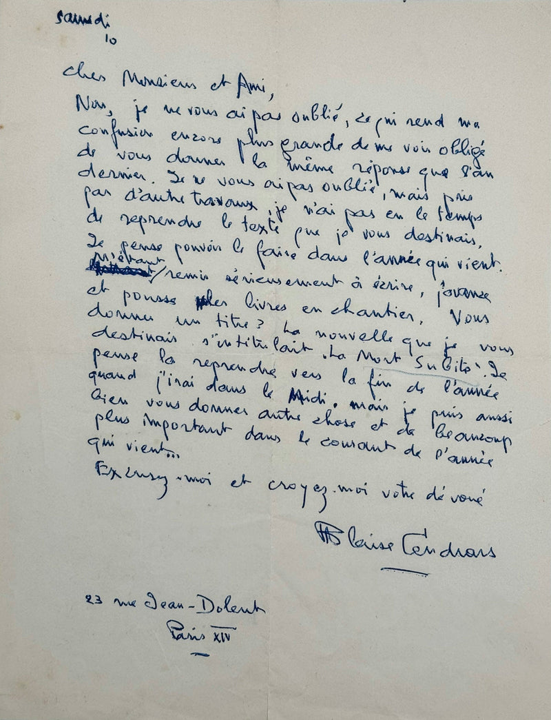 Lettre autographe signée, Blaise Cendrars à Roger Nimier