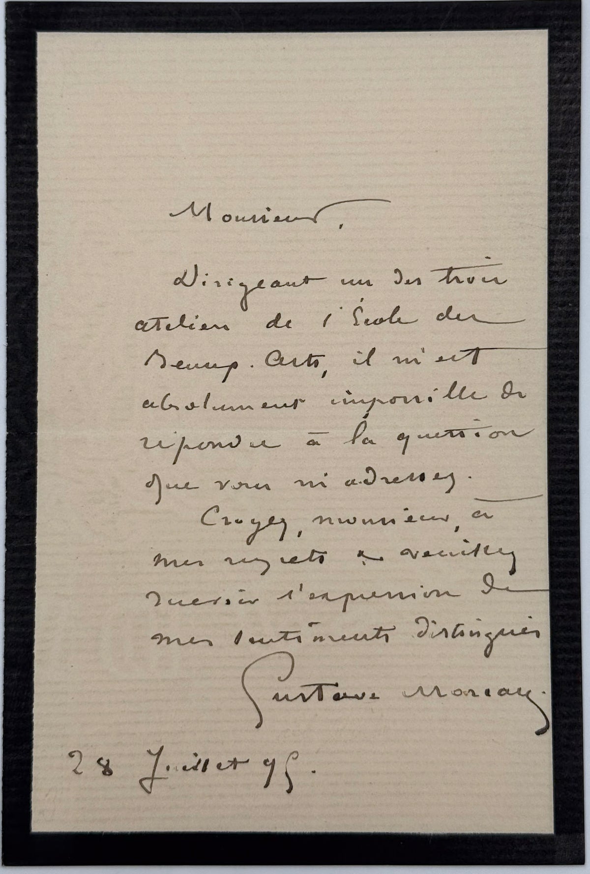 Lettre autographe signée, Gustave Moreau à un Monsieur