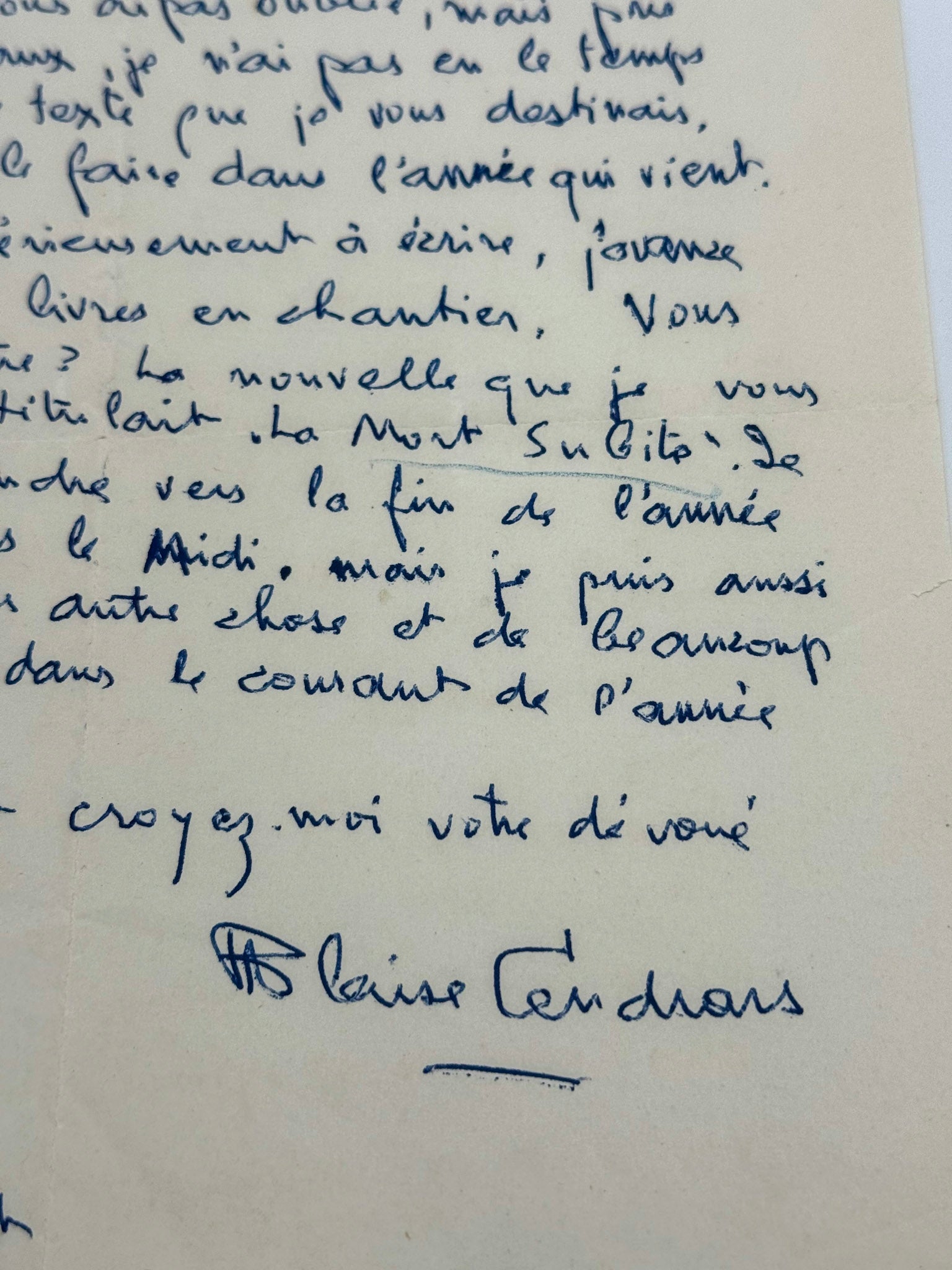 Lettre autographe signée, Blaise Cendrars à Roger Nimier