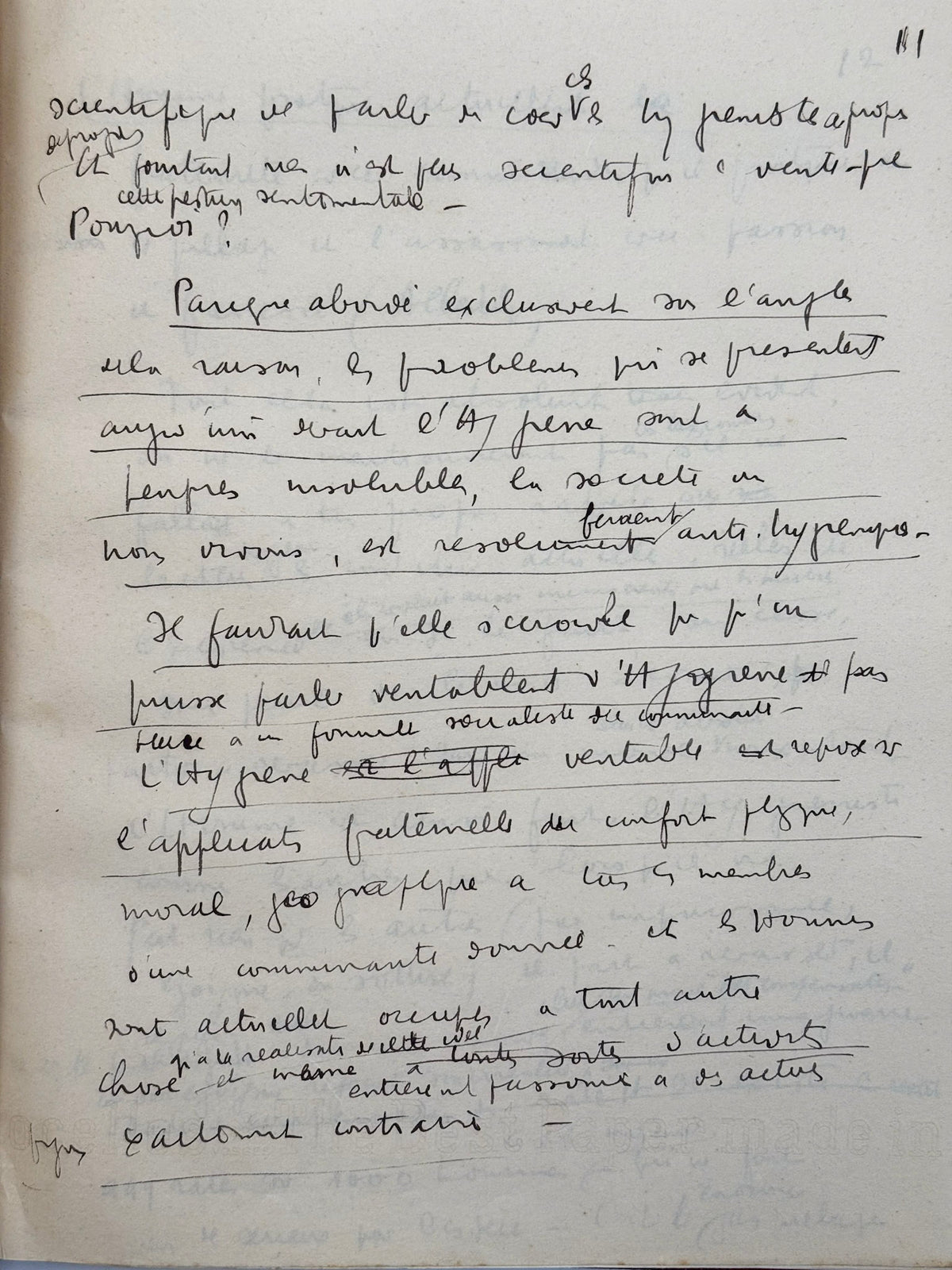 Manuscrit autographe "Mémoire pour le cours des Hauts Etudes"