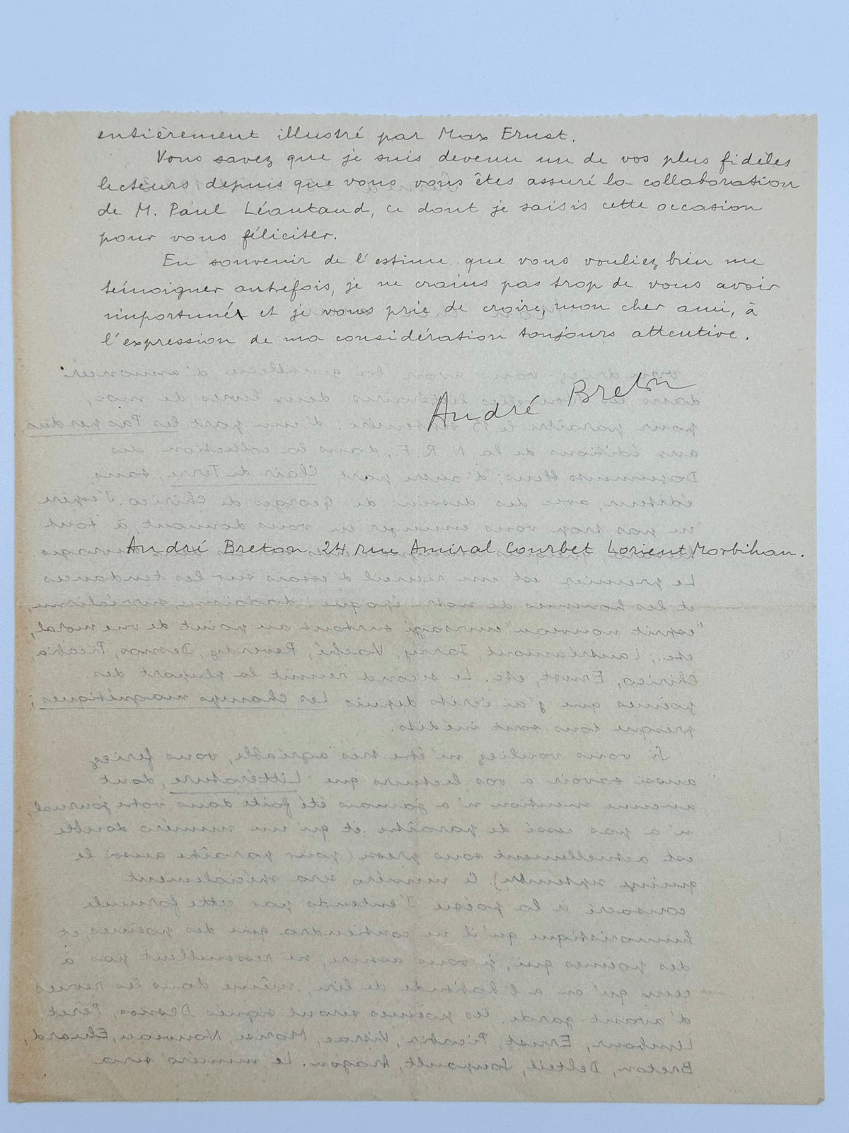 Lettre autographe signée, André Breton à Maurice Martin du Gard