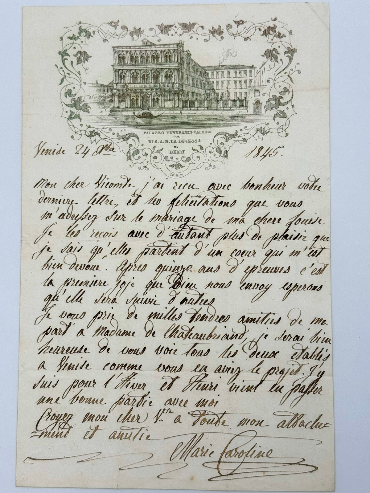 Lettre autographe signée, Duchesse de Berry à Chateaubriand