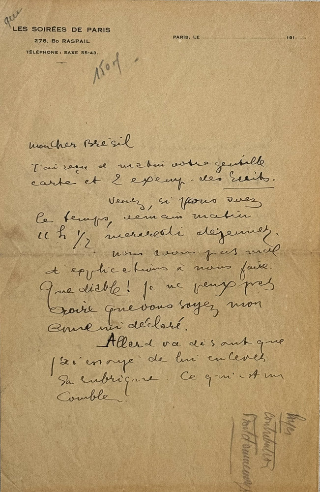 Lettre autographe signée, Apollinaire à Marc Brésil