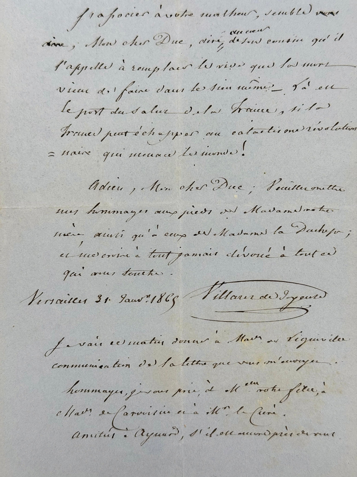 Ensemble de 5 L.A.S. d'Alexis Villaret de Joyeuse 1861-1869, à la Duchesse ou au Duc de Clermont-Tonnerre.