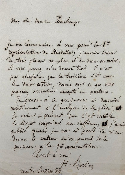 Autograph letter signed, Berlioz to Émile Deschamps