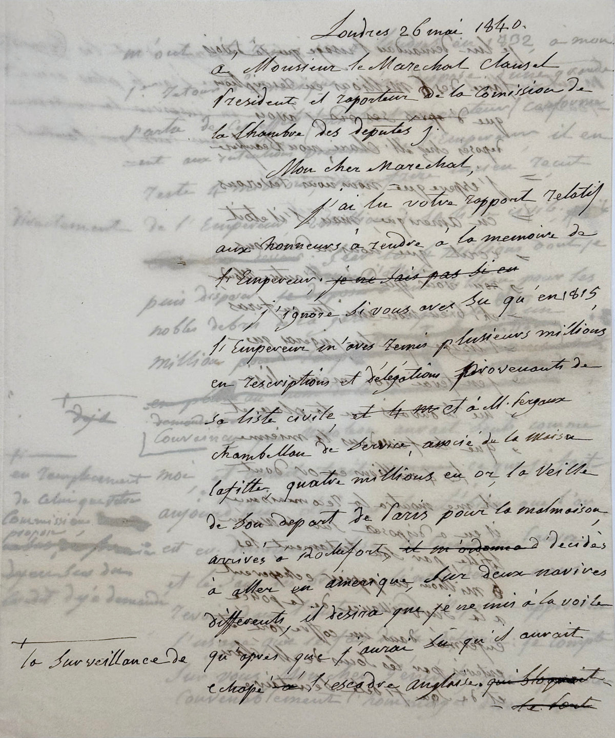 Autograph draft letter, J. Bonaparte to Marshal Clauzel