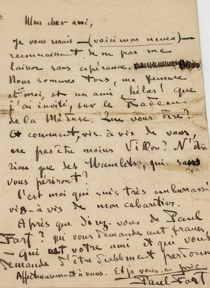 Autograph letter signed, Paul Fort