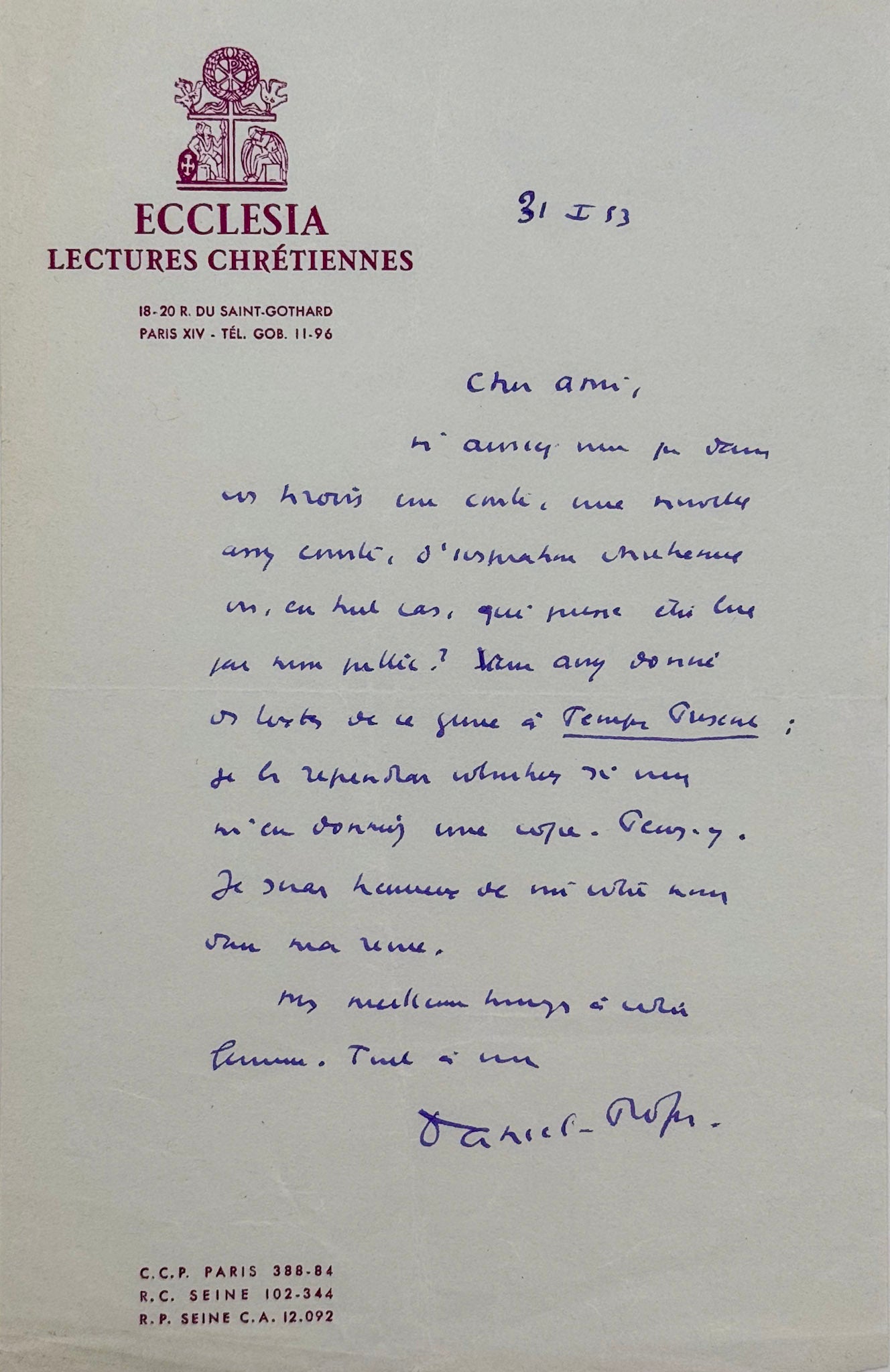 Autograph letter signed, Rops to Georges Lubin