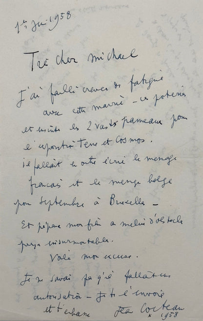 Autograph letter signed, Cocteau to Michael Smithies