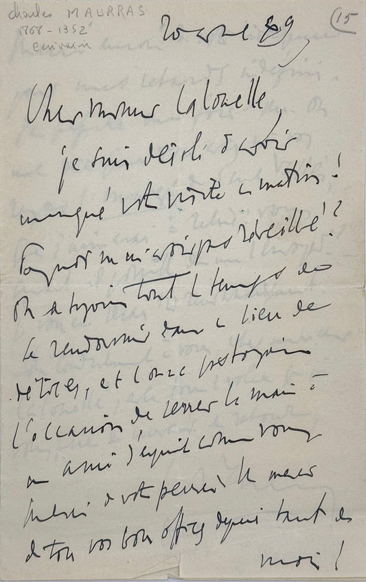 Autograph letter signed, Maurras to Mr Lalouelle
