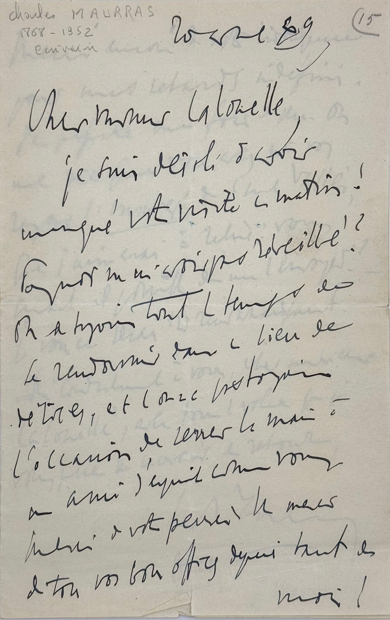 Lettre autographe signée, Maurras à monsieur Lalouelle
