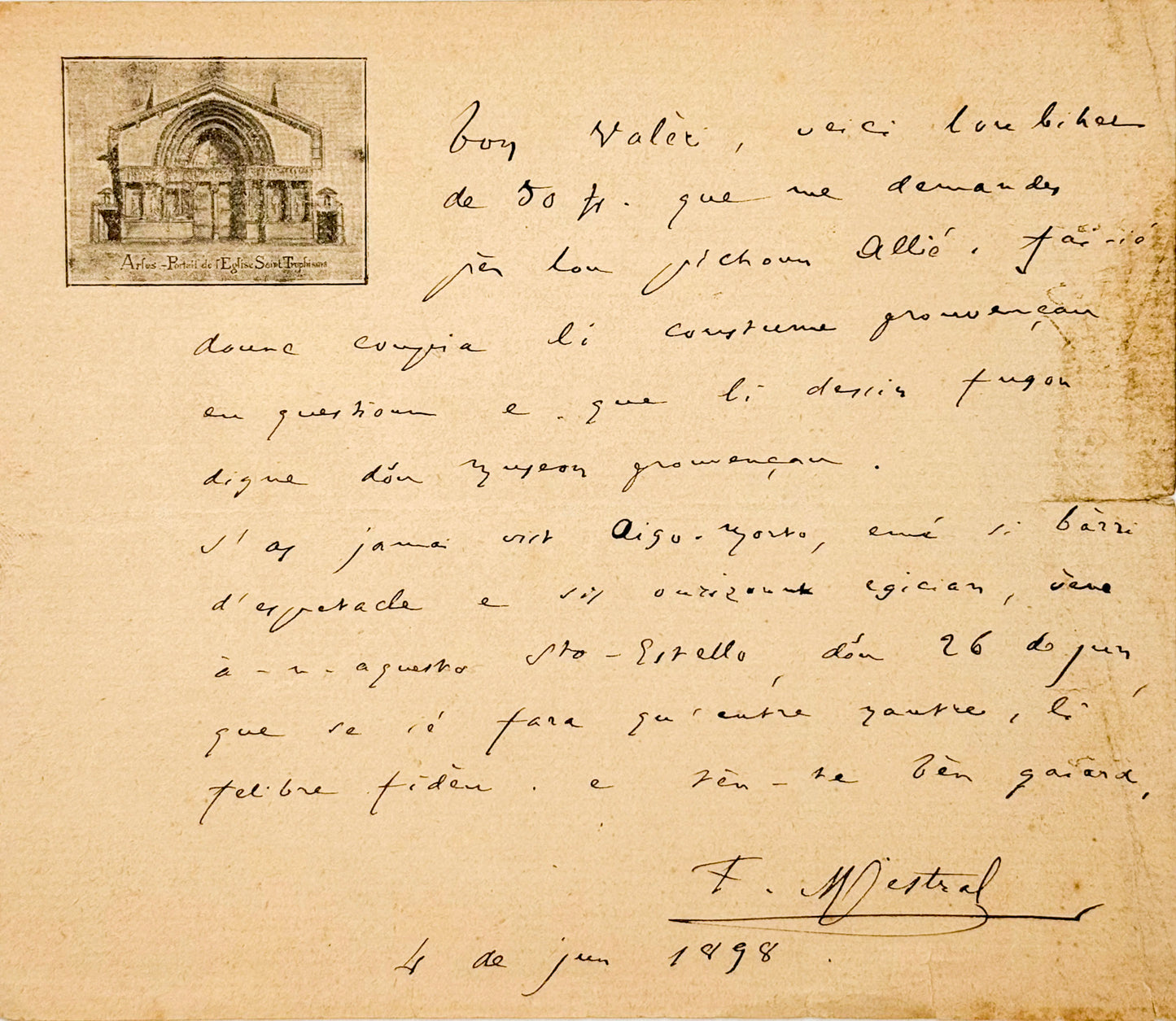 Autograph letter signed, Mistral to Valère [in Provençal]