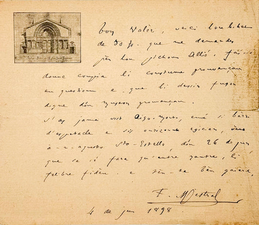 Autograph letter signed, Mistral to Valère [in Provençal]