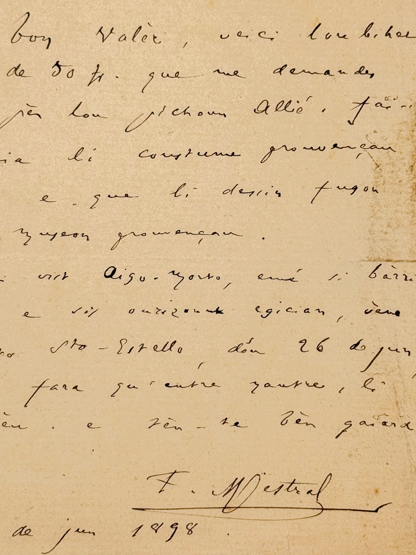 Autograph letter signed, Mistral to Valère [in Provençal]