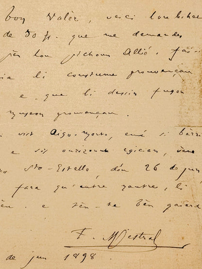 Autograph letter signed, Mistral to Valère [in Provençal]