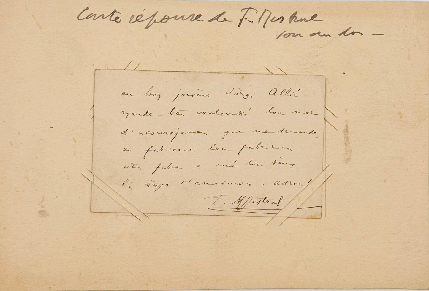 Autograph letter signed, Mistral to Valère [in Provençal]