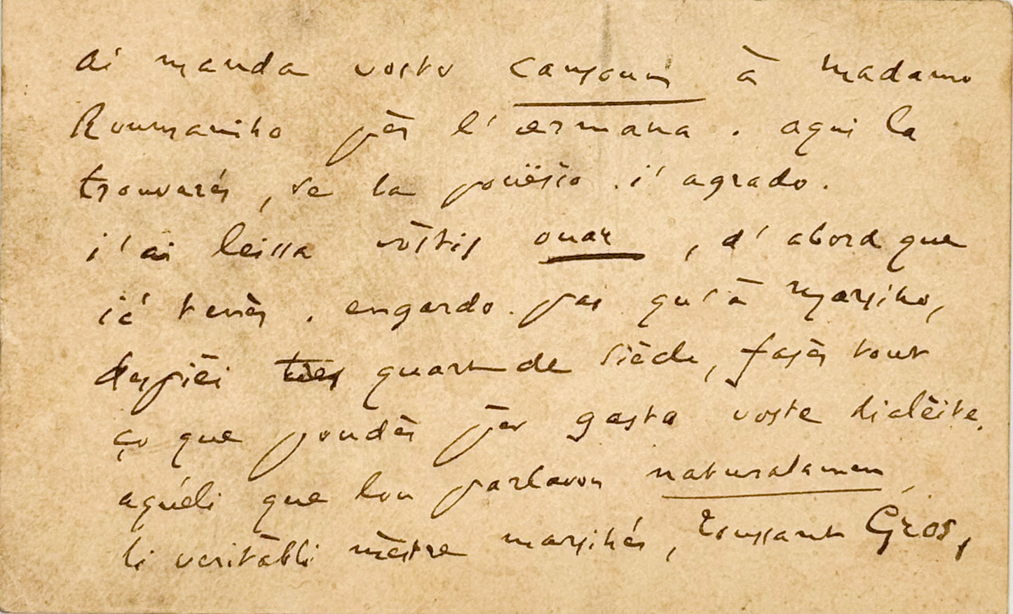 Autograph letter signed, Mistral to Valère [in Provençal]