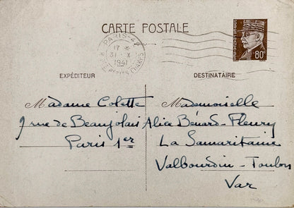 Autograph letter signed, Colette to Alice Bénard