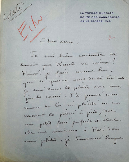 Autograph letter signed, Colette to Alice Bénard