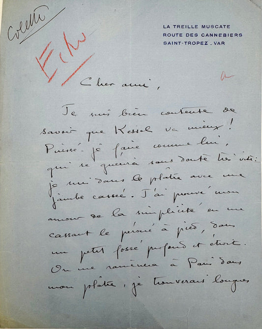 Autograph letter signed, Colette to Alice Bénard