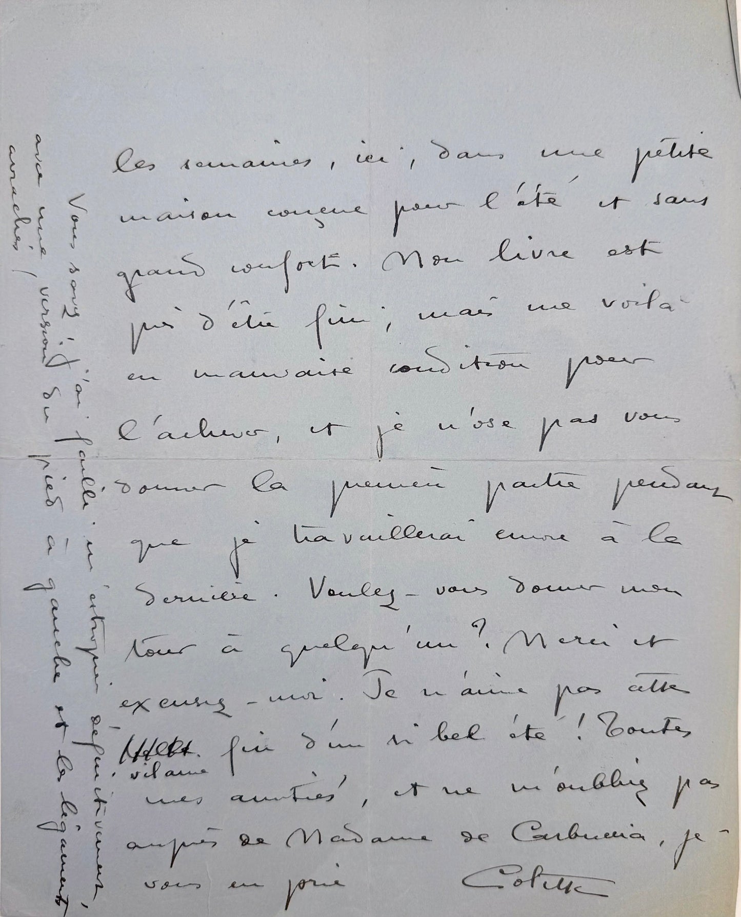Autograph letter signed, Colette to Alice Bénard