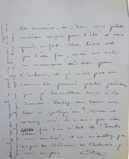 Autograph letter signed, Colette to Alice Bénard