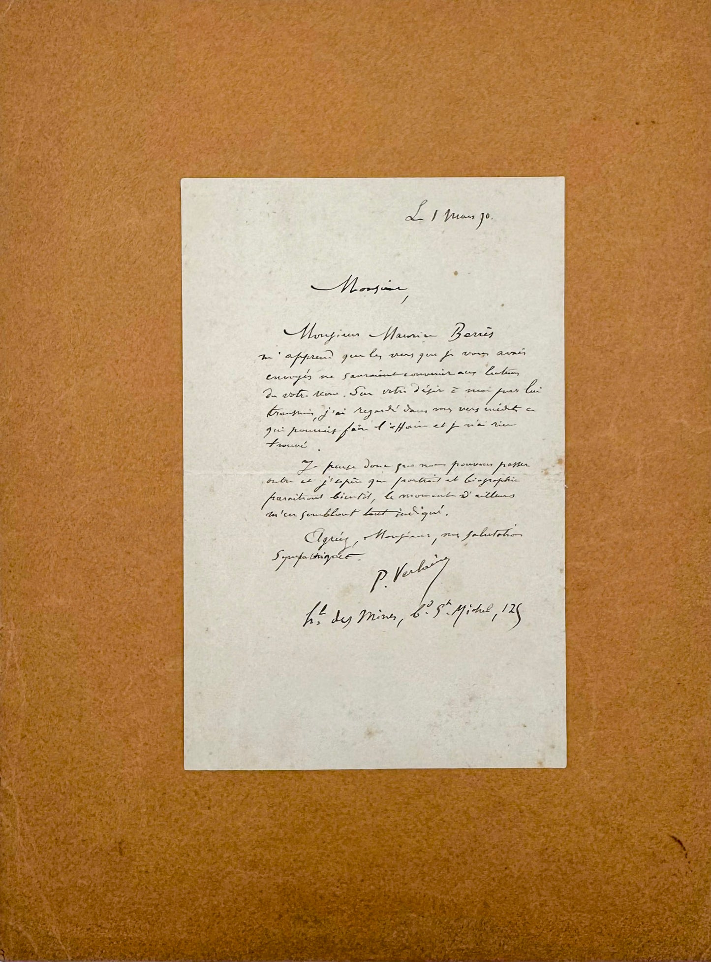 Autograph letter signed, Verlaine to René Baschet