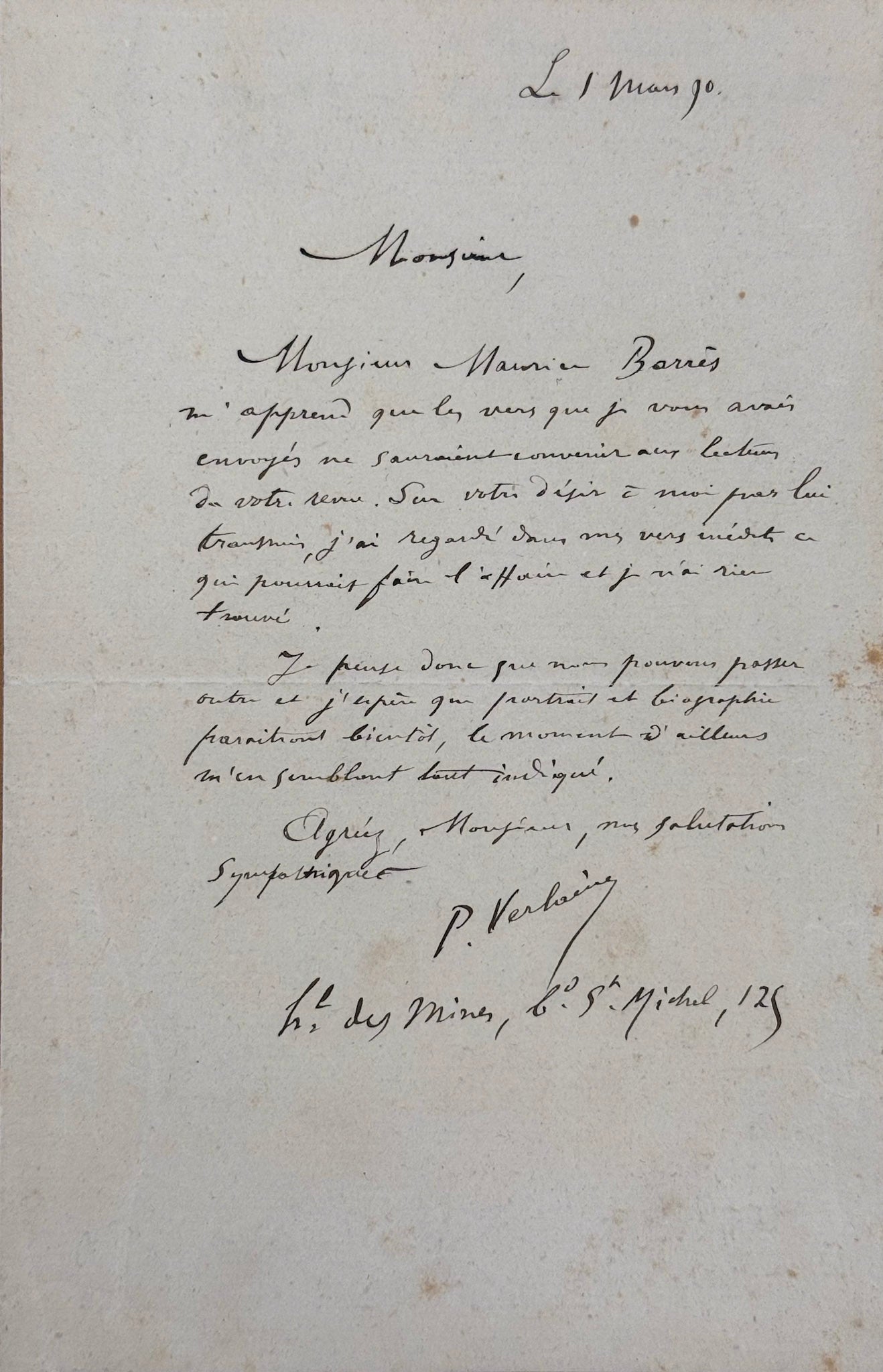 Autograph letter signed, Verlaine to René Baschet
