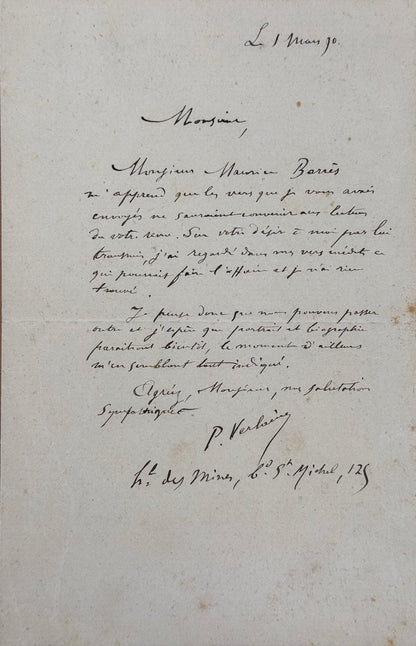 Autograph letter signed, Verlaine to René Baschet