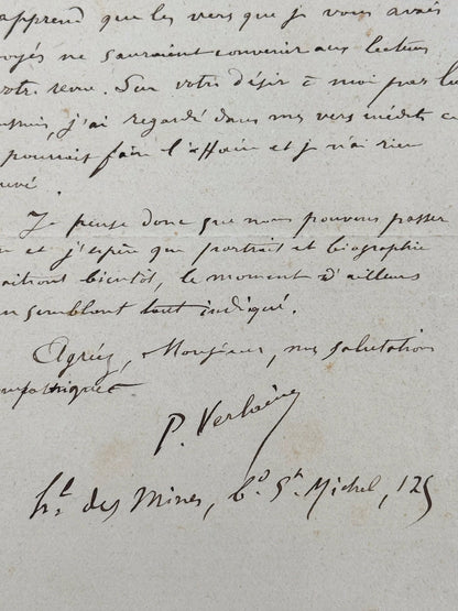 Autograph letter signed, Verlaine to René Baschet