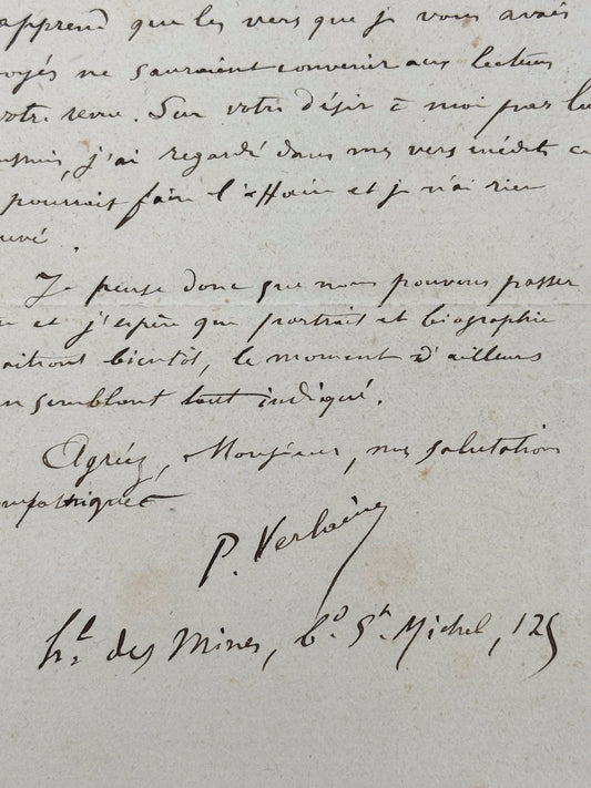Autograph letter signed, Verlaine to René Baschet