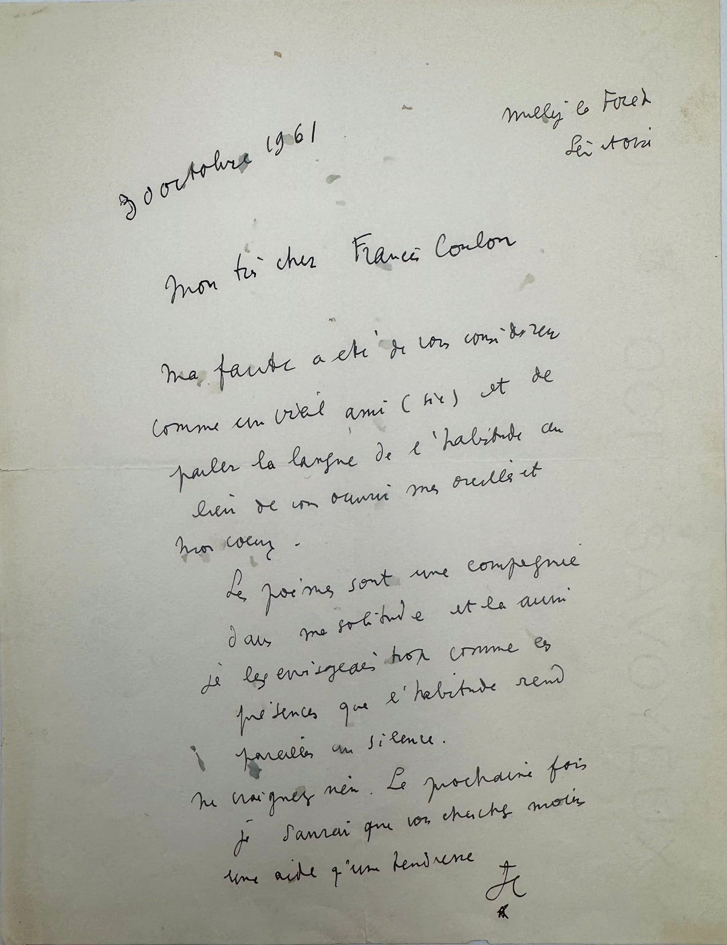 Signed autograph letter, Cocteau to Francis Coulon