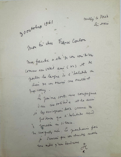 Signed autograph letter, Cocteau to Francis Coulon