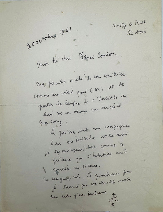 Signed autograph letter, Cocteau to Francis Coulon