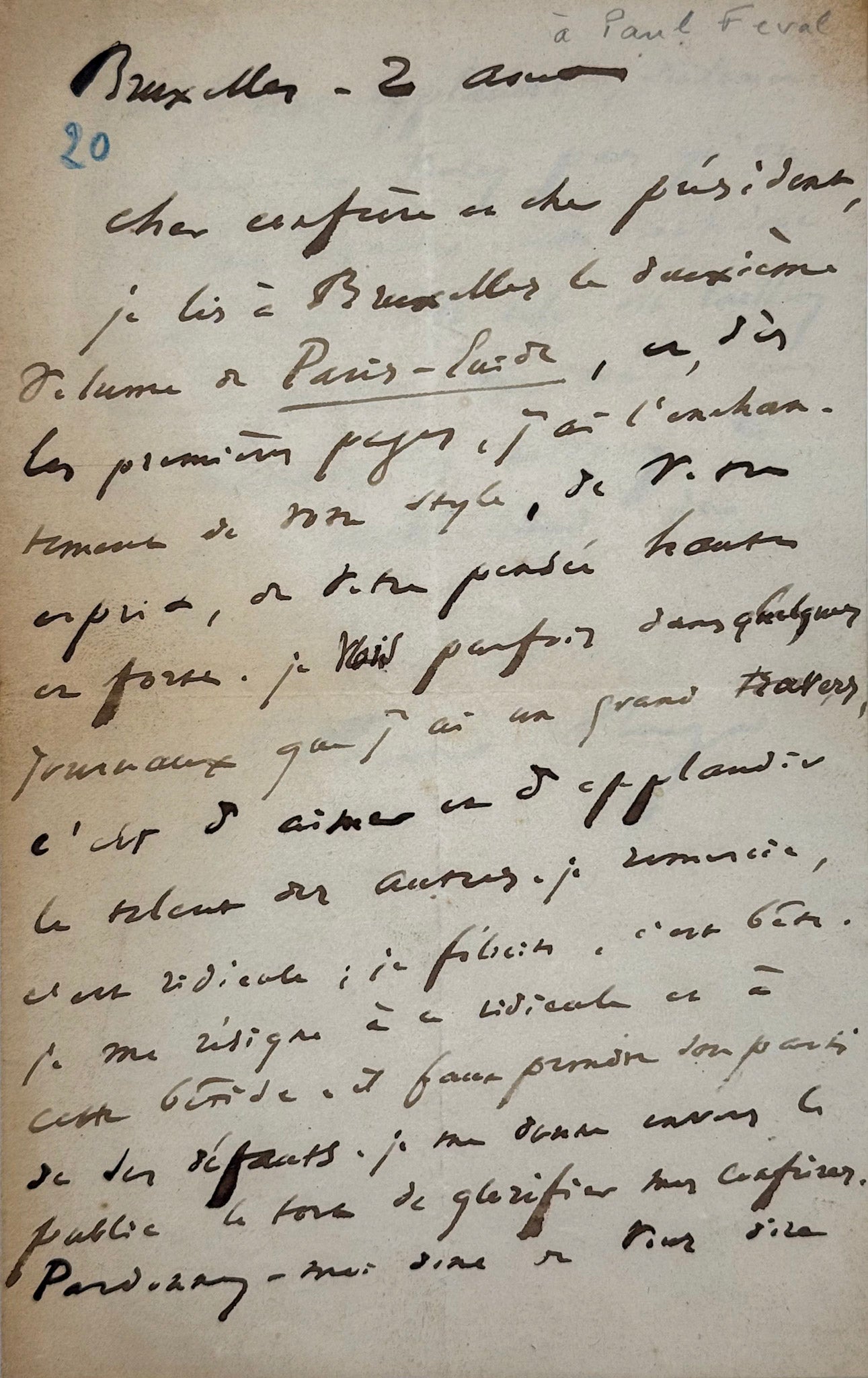Autograph letter signed, Hugo to Paul Féval