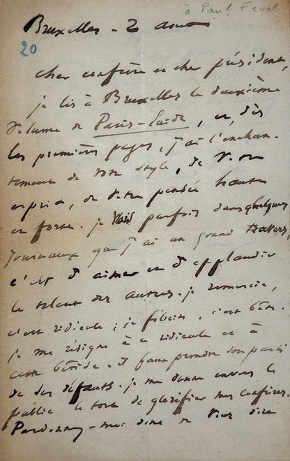 Autograph letter signed, Hugo to Paul Féval
